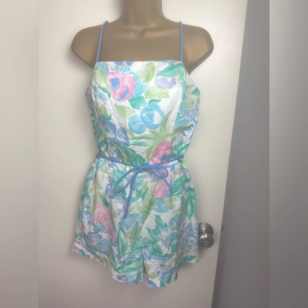 Sea Waves Blue Pink Green Floral Vintage 60’s-70’s?Built in Layer Swim Romper S?